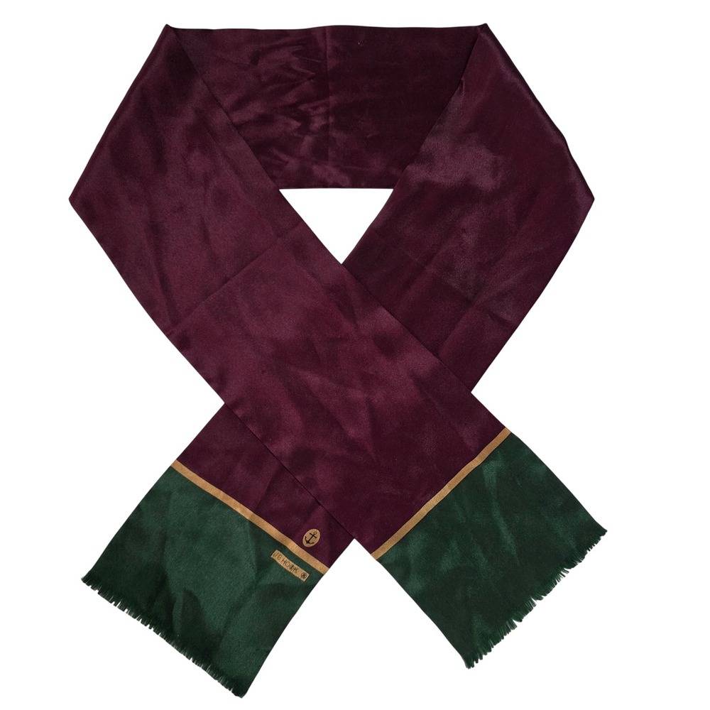 JG Hook 100% Silk Scarf Burgundy Green‎ Colorblock Fringe Made In Japan